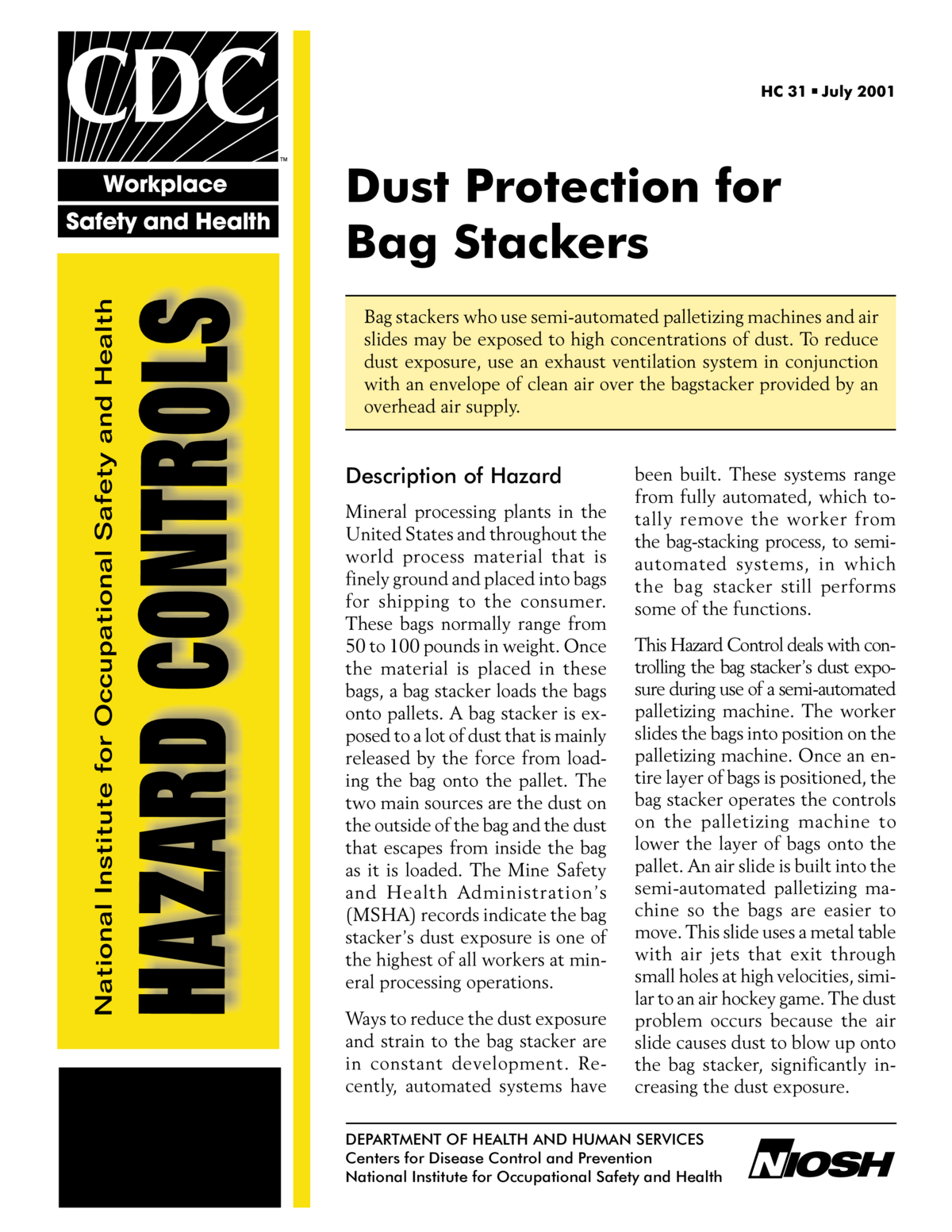 NIOSH Hazard Controls 31: Dust Protection for Bag Stackers