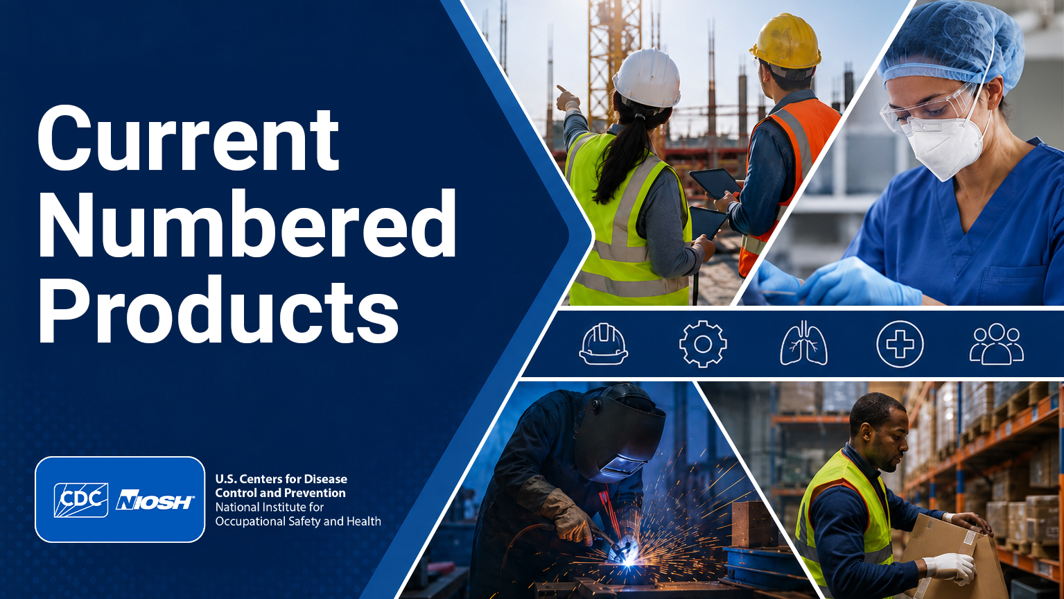 Image of worker photos that says "Current Numbered Products" with CDC and NIOSH logo below.