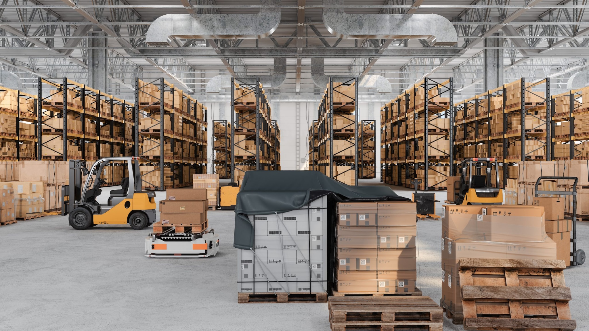 Large warehouse with boxes on shelves.