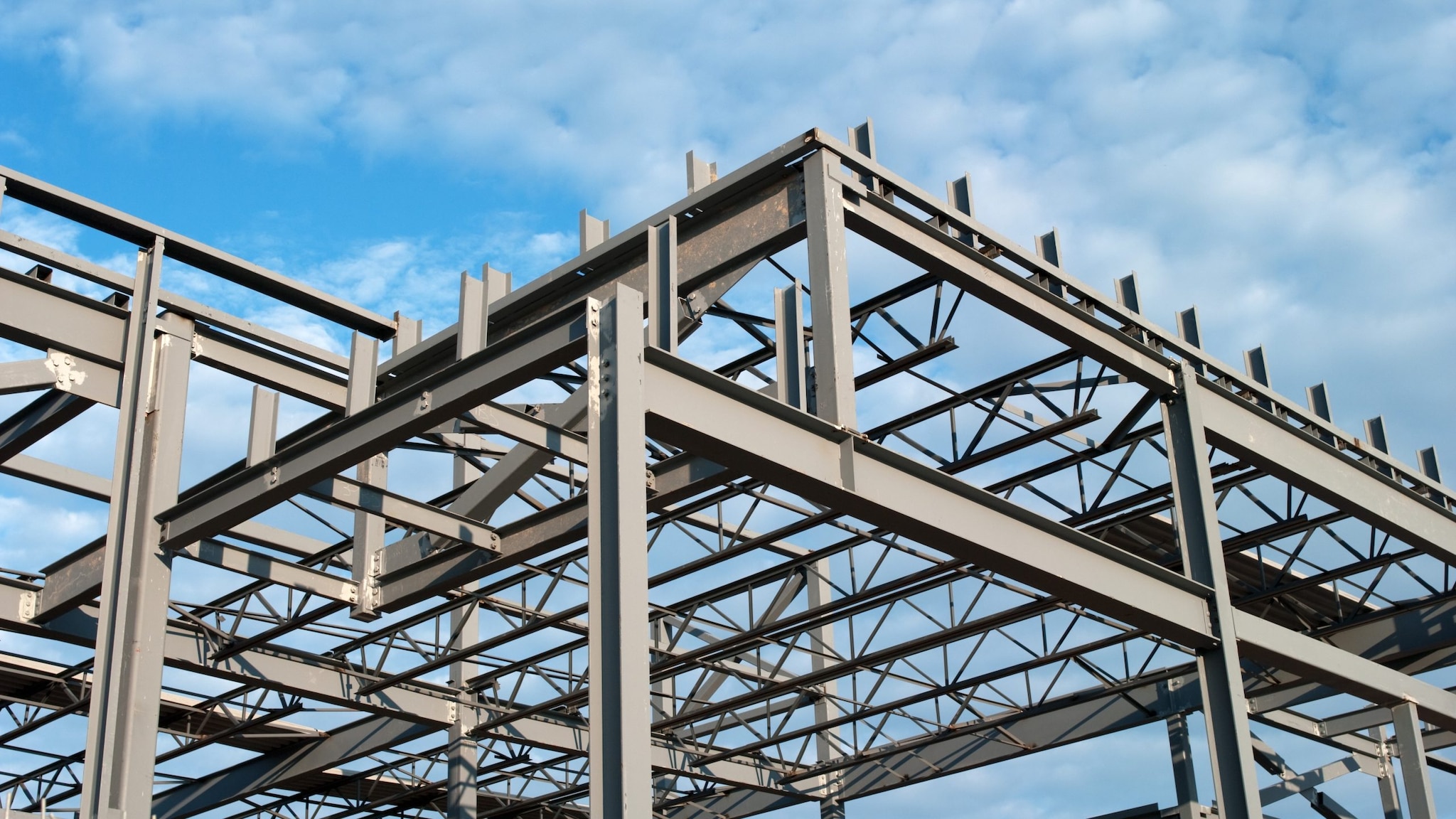 Steel frame of a building at a construction site.