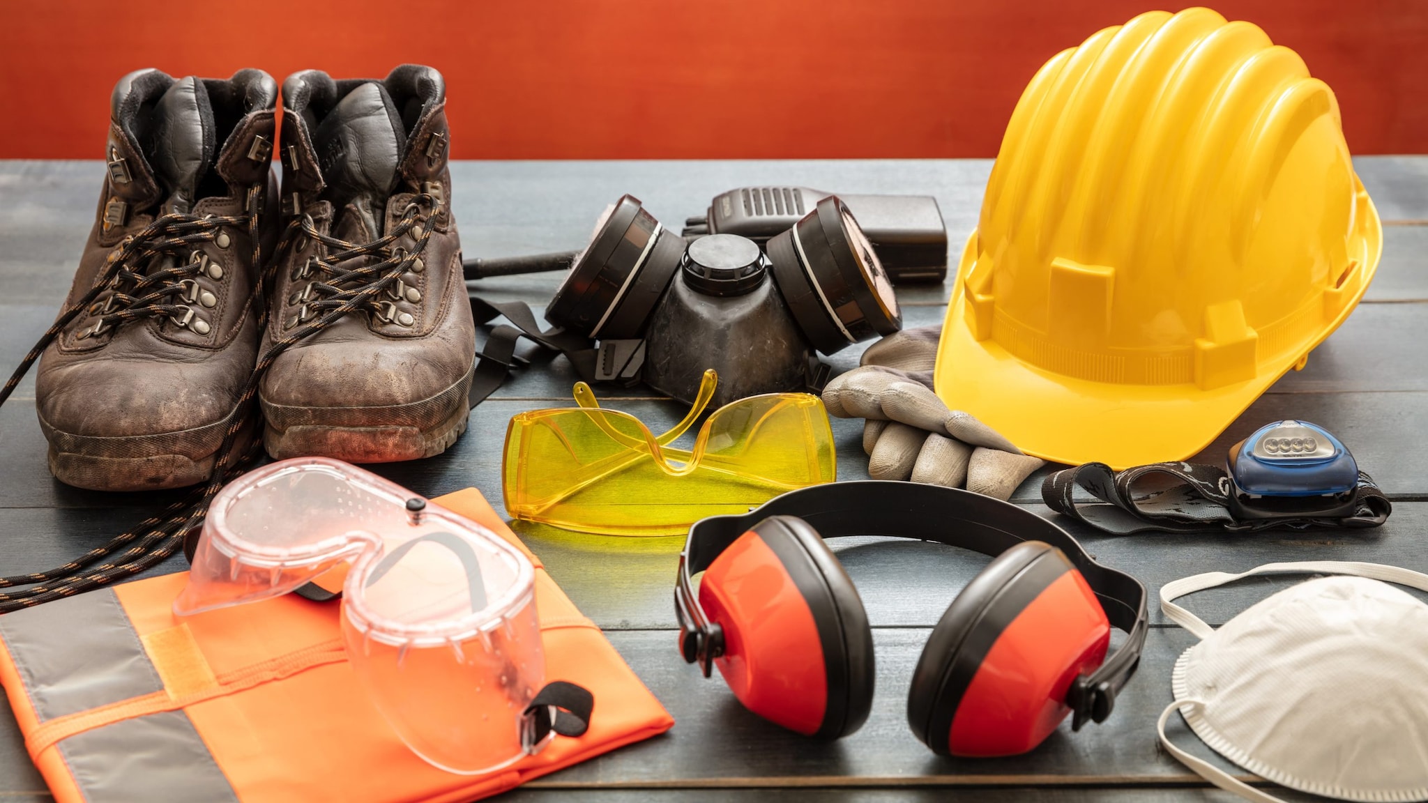 Table with personal protective equipment including, hard hat, respirator, goggles, mask, and boots