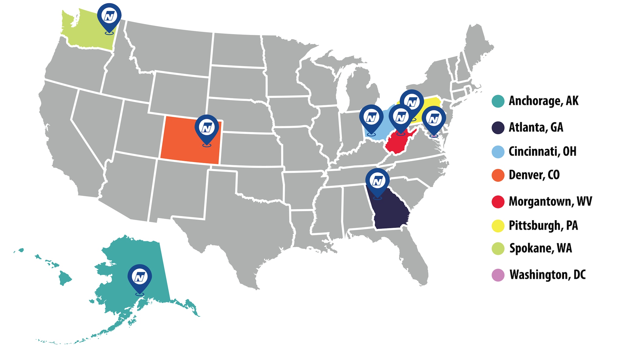 Map of the United States with NIOSH logos in Alaska, Atlanta, Ohio, Colorado, West Virginia, Pennsylvania, Washington, and Washington, DC