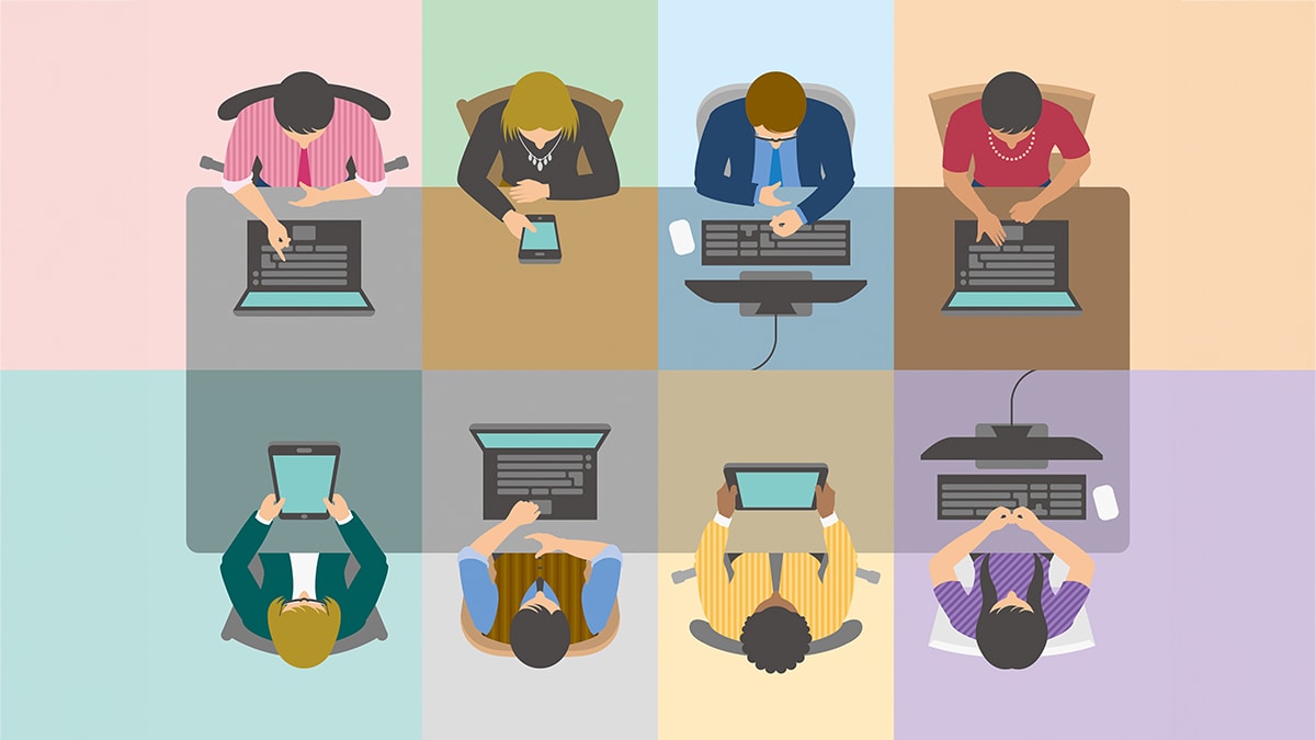 Illustration of 8 people in different locations attending a virtual meeting