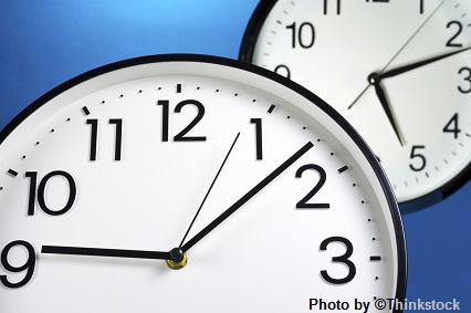 M10C Two clocks, one time at 9:08 a.m., the other at 5:07 p.m.