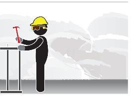 Prevent Carpal Tunnel Syndrome artwork Construction worker hammering a nail into 2 x 4s framing a wall. Construction worker is wearing personal protective equipment (gloves to improve grip strength and lessening the shock, hard hat, goggles). Worker is keeping his wrists in a neutral position.