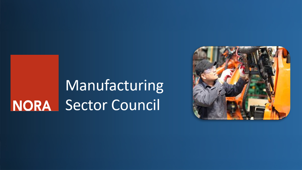 Red square with the word NORA inside blue box with the council name in white writing. Image of worker at right.