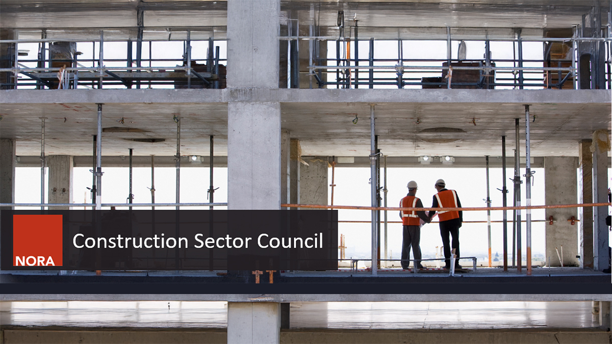Red square with the word NORA inside box beside the council name in white font over image of construction workers.