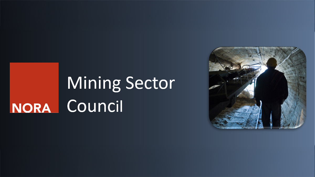 Red square with the word NORA inside blue box with the council name in white writing with image of miner at right.