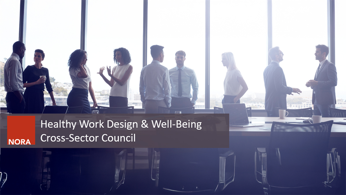 Red square with the word NORA inside box beside the council name in white font shown over an image of people talking.