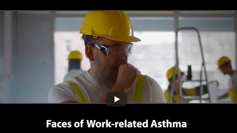 Initial video screen image of a construction worker coughing.