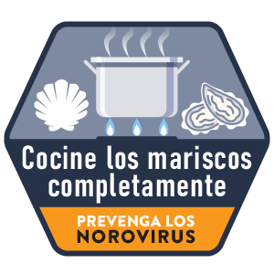 Cocine los mariscos por completo. Insignia de prevención de los norovirus.