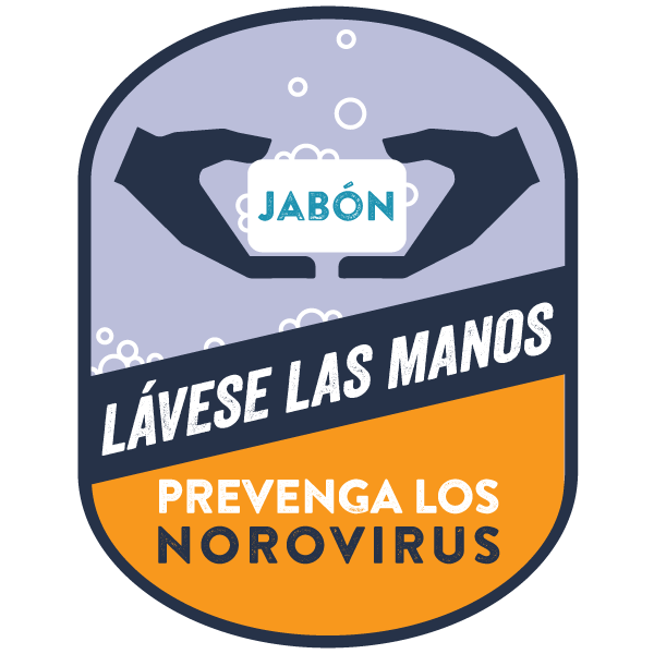 insignia de prevención de norovirus con unas manos sosteniendo un jabón y las palabras "Lávese las manos"