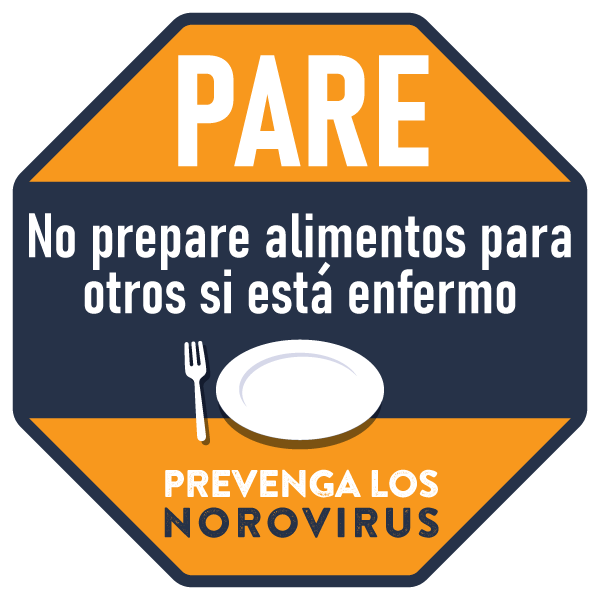 insignia de prevención de norovirus con un plato y las palabras "Pare. No prepare alimentos para otros si está enfermo"