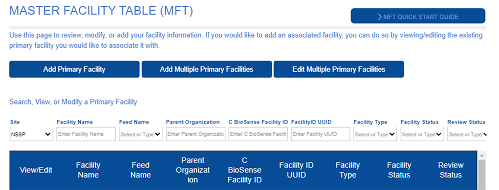 Master Facility Table (MFT) screen shot