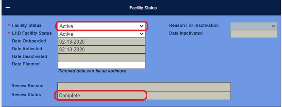 Facility status active and complete screen