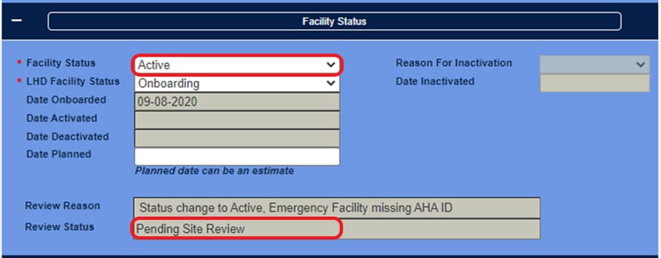 Facility status active Review status pending site review screen