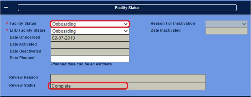Facility status Onboarding Review status complete screen