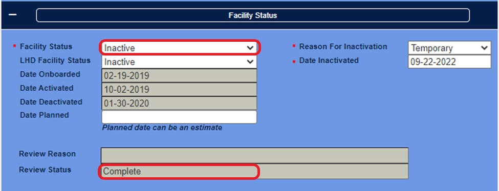 Facility Status Inactive, Planned, Not Planned screen