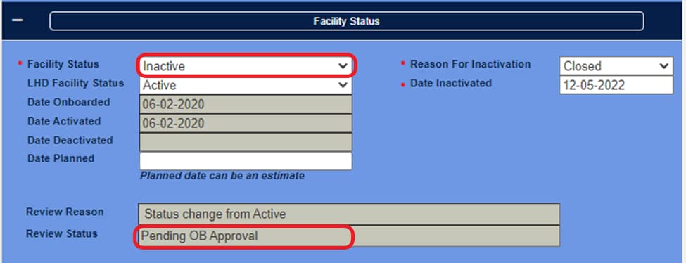 Review Status: Pending OB Approval screen