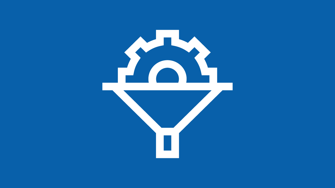 Graphic with gear coming out of funnel, on blue background
