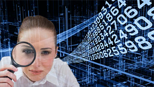 woman with magnifying glass investigating a medical issue in digital code background