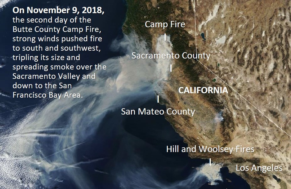 Natural-color satellite image of the November 2018 Butte County Camp Fire taken by the MODIS instrument on the Terra satellite on Nov. 15, 2018.