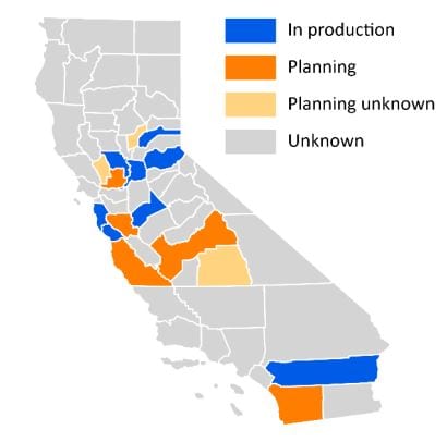 Figure 3. California participation in CDC's National Syndromic Surveillance Program (NSSP) by county, May 2019.