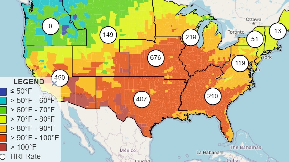 Graphic showing high rates of heat-related illness, identified by color, in regions across the US