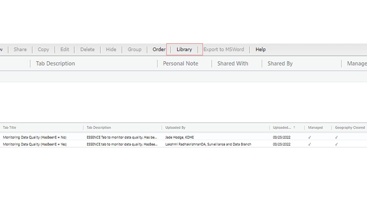 Screen shot of MyESSENCE showing the Library tab