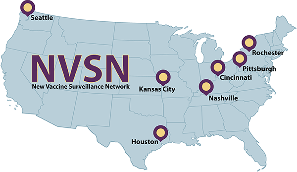 United States map with markers indicating cities that have NVSN sites