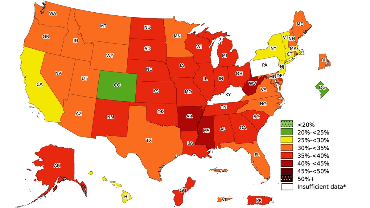 Color coded US map showing state prevalence of adult obesity. Data used for the map is on a chart on this page.