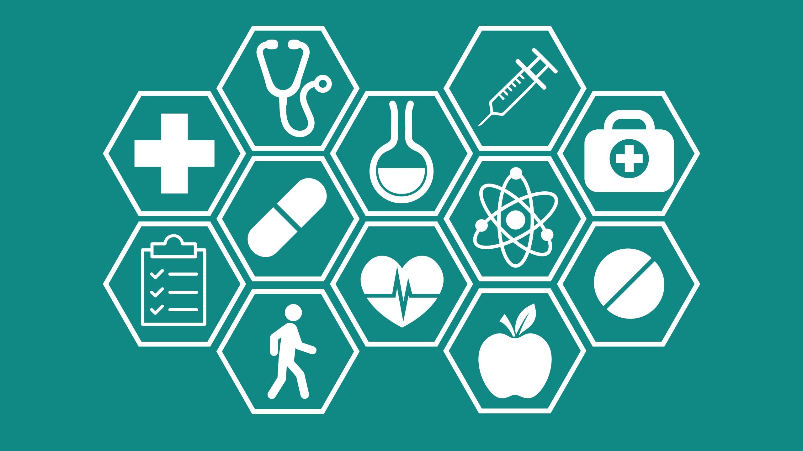 12 icons of health and health care images, such as a person walking and a stethoscope.