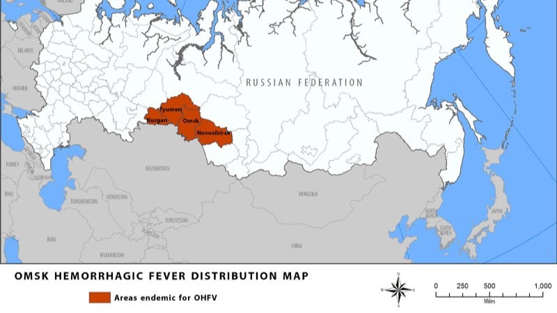 Map of areas where Omsk Hemorrhagic Fever is found. Kurgan, Omsk, Tyumen, and Novosibirsk Oblasts are in red.