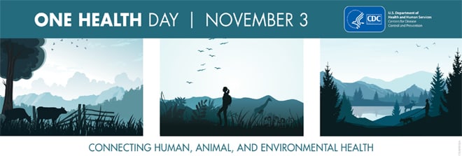 Illustration of a landscape with animals and people interacting in outdoor environments. Text reads: One Health Day November 3 Connecting human, animal, and environmental health: when we protect one, we protect all.