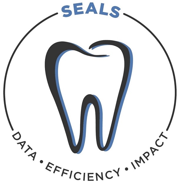 The text "SEALS: Data, Efficiency, and Impact" in a circle around the image of a healthy tooth.