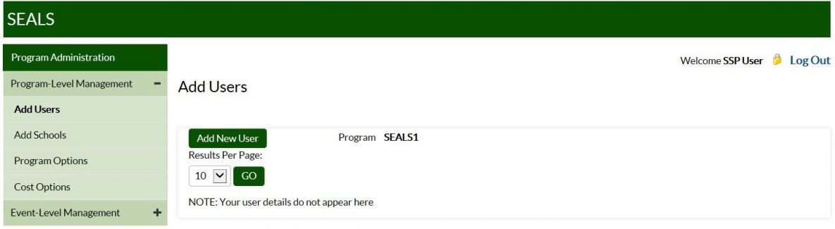 Screenshot of Add Users task for SEALS Program Administration