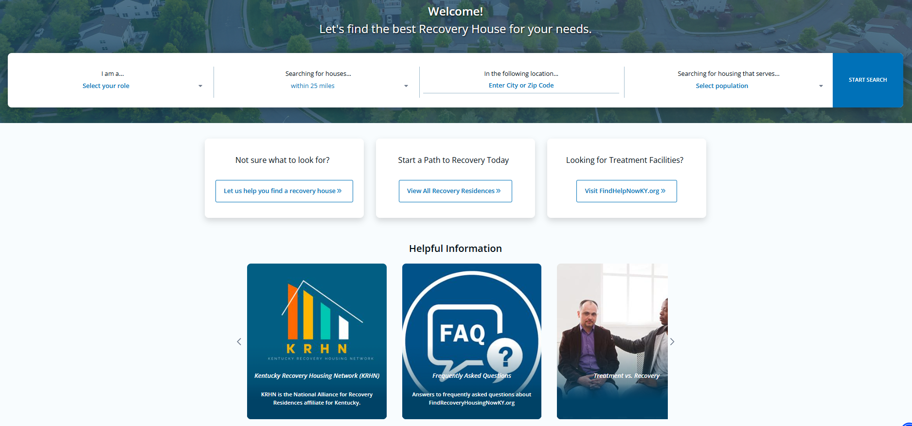 Screenshot from FindRecoveryHousingKY.org showing multiple search filters and information on treatment and recovery