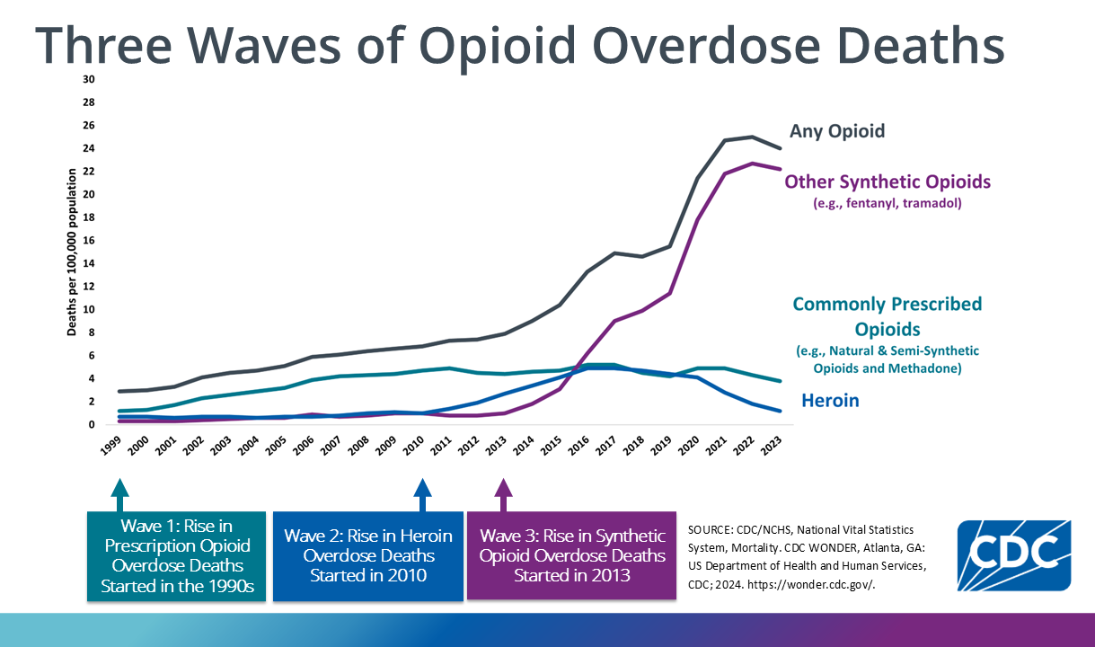 The rise in opioid overdose deaths is shown in three waves, with a slight decrease from 2022 to 2023.