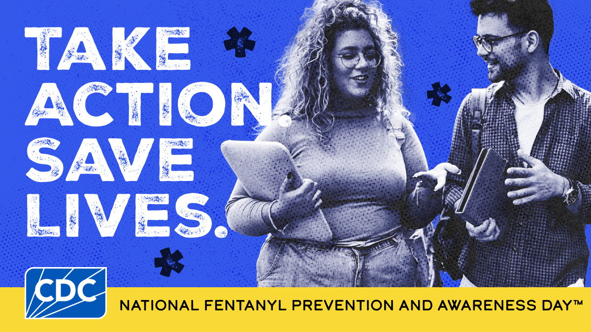 Take action. Save lives. National fentanyl prevention and awareness day. Image of two people talking.