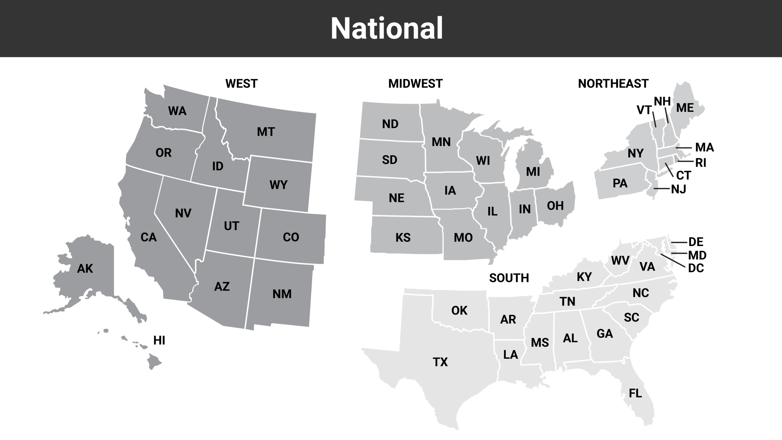 Map of the four U.S. census regions.