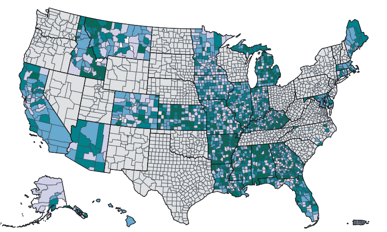 map of the US showing opioid dispensing rates.