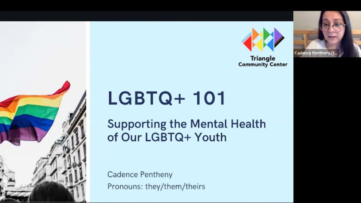 Screenshot from Let's Talk Mental Health, Trumbull session. Text on screen says, "LGBTQ 101, supporting the mental health of our LGBTQ youth," and shows an image of a pride flag, the presenter's name, face and pronouns. Photo Credit: Trumbull's Prevention Partnership