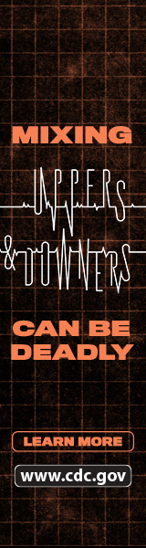 Polysubstance Use-2_vertical_130kb Text reads mixing uppers and downers can be deadly. Black banner. The text uppers and downers appear as an EKG test.