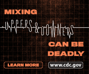 Polysubstance Use-3_square_95kb Text reads mixing uppers and downers can be deadly. Black banner. The text uppers and downers appear as an EKG test.