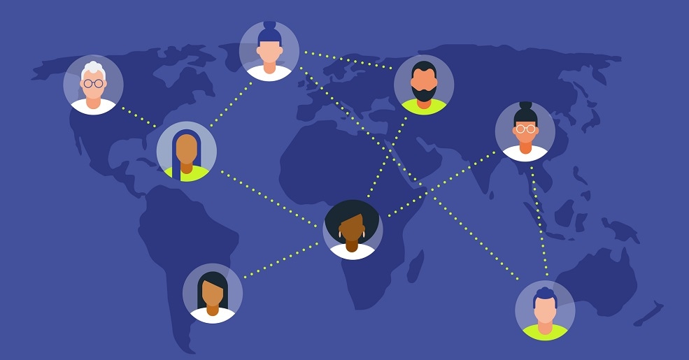 Illustration of diverse peers networking on world map