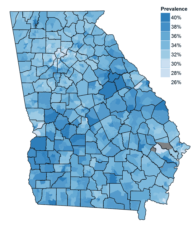 Prevalence estimates of a high body mass index among children and adolescents aged 10 to 17 in census tracts in Georgia in 2010 Prevalence estimates of a high body mass index among children and adolescents aged 10 to 17 in census tracts in Georgia in 2010