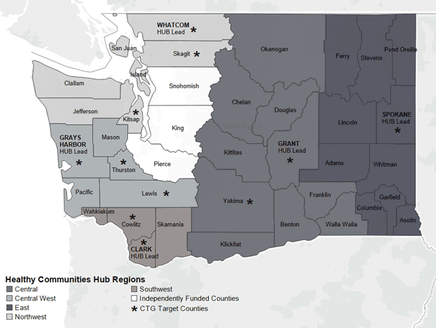 Regions used for Community Transformation Grant (CTG) implementation in Washington State, 2011–2014. Regions used for Community Transformation Grant (CTG) implementation in Washington State, 2011–2014.
