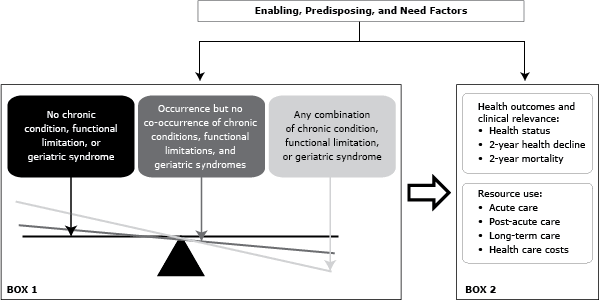 Model of how the occurrence and co-occurrence of chronic conditions, functional limitations, and geriatric syndromes would be associated with increased patient burden, use of health care services, and costs. Model of how the occurrence and co-occurrence of chronic conditions, functional limitations, and geriatric syndromes would be associated with increased patient burden, use of health care services, and costs.