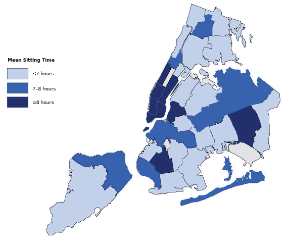 Mean Sitting Time, by United Hospital Fund, 34 Neighborhoods in New York City, Physical Activity and Transit Survey, Mean Sitting Time, by United Hospital Fund, 34 Neighborhoods in New York City, Physical Activity and Transit Survey,