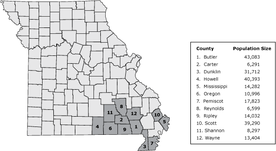 14_0593_01.gif Counties in the Healthier Missouri Communities partnership and US Census Bureau population estimates for each county